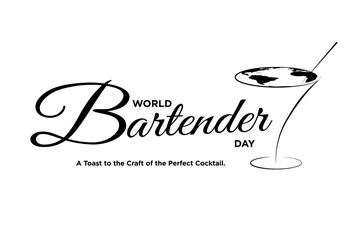 Elegant World Bartender Day  Typography Design with minimalist cocktail glass with map of the world on top and text tag A Toast to the Craft of the Perfect Cocktail. Isolated. Vector Illustration. 