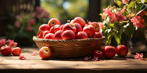 red apples basket on table in garden