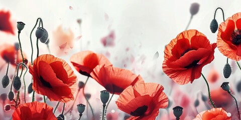 Red poppy flowers on pastel background. Remembrance Day, Armistice Day, Anzac day symbol, Generative AI