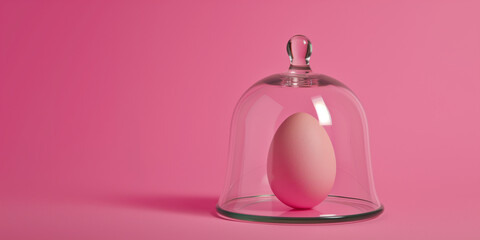 Egg under glass cover isolation on pink background. Minimal Easter concept. Copy space. Banner.