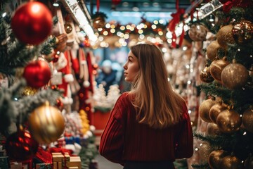Young woman standing in store with many Christmas decorations. Preparing for Christmas holidays, buying presents, decorating home for Christmas, Generative AI