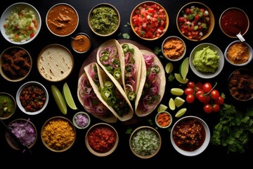 A taco bar with a variety of toppings.