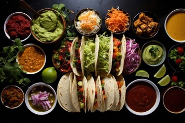 A taco bar with a variety of toppings.
