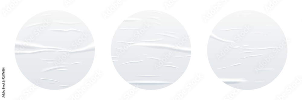 Poster glued white circle paper sheets set. vector isolated realistic crumpled posters bundle. wet greased 