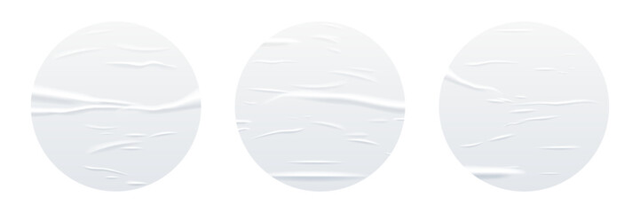 Glued white circle paper sheets set. Vector isolated realistic crumpled posters bundle. Wet greased wrinkles blank template texture. Empty advertising column mockup for creative design