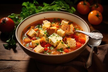 A bowl of vegetable soup with croutons.