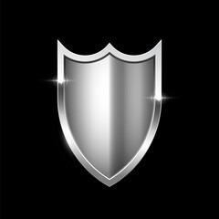 Gold shield vector illustration. Realistic isolated golden armory trophy with metal coat, 3d luxury safety protection emblem, vintage blank shiny royal award isolated on black background