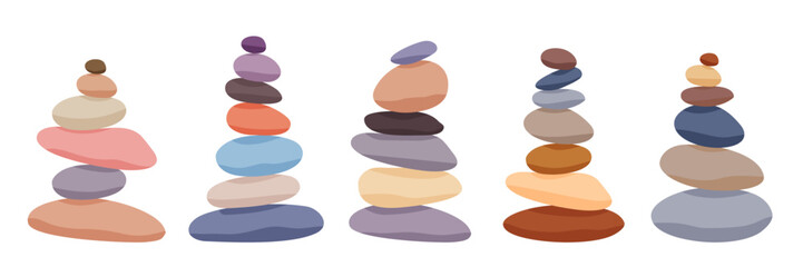 Meditation stone balance pyramid set vector illustration. Stacked pebbles pastel colors object collection isolated on white background
