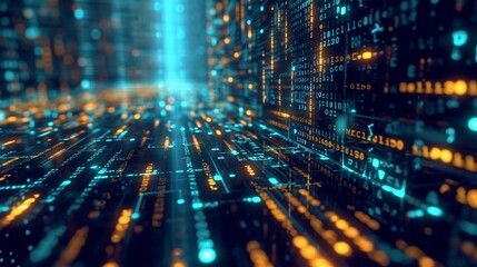 Artificial Intelligence illustration of Neon Code Matrix, background image, generative AI