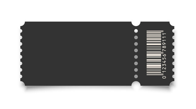 Cinema ticket realistic vector template. Retro black paper coupon for event, discount voucher mockup with barcode and text space on white background. Concert, movie, raffle, carnival blank pass