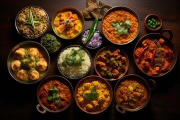 A spread of Indian curry dishes.