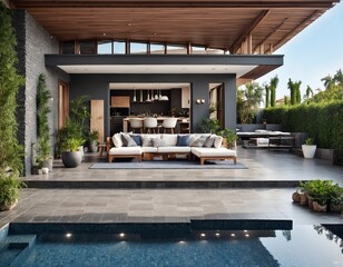 Fototapeta premium Luxurious villa with outside swimming pool at summer scene. Big blue swimming pool near living room and kitchen. Stylish and comfortable sun area with a modern brown sunbeds.