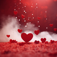 Obraz premium cloud on top on red background, paper red hearts like rain falling from clouds,
