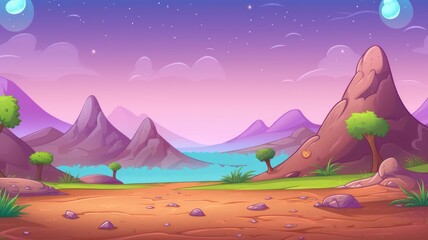 cartoon illustration landscape at dusk with mountains, a lake, trees, and a starry sky.