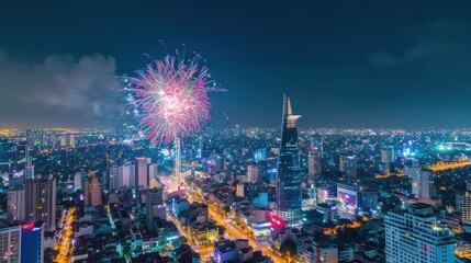  Aerial view with fireworks light up sky over business district in Ho Chi Minh City