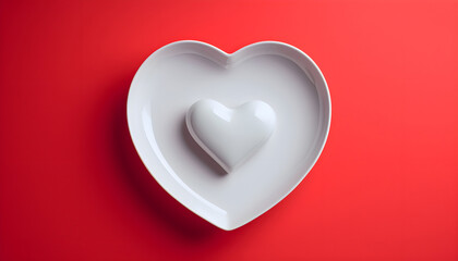 heart shaped white plate on a red background top view