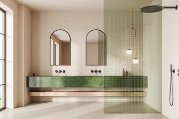 Fototapeten Luxury hotel bathroom interior with douche and sink, accessories © ImageFlow