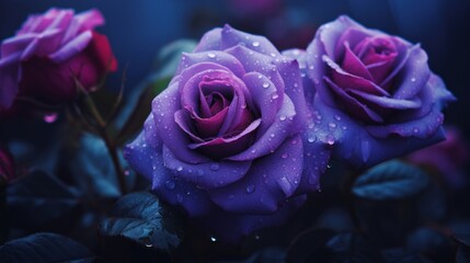 Close-up of vibrant purple roses with fresh water droplets, set against a dark background.