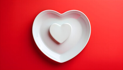 heart shaped white plate on a red background top view