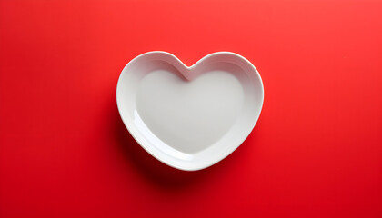 heart shaped white plate on a red background top view - obrazy, fototapety, plakaty