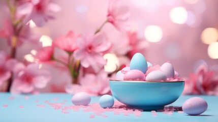 Pastel Easter eggs in a blue bowl, decorated with cherry blossoms on a pink confetti background.