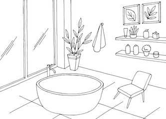 Bathroom graphic home interior black white sketch illustration vector 