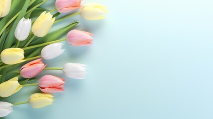 Top view of colorful pastel tulips arranged on a light blue background with space for text.
