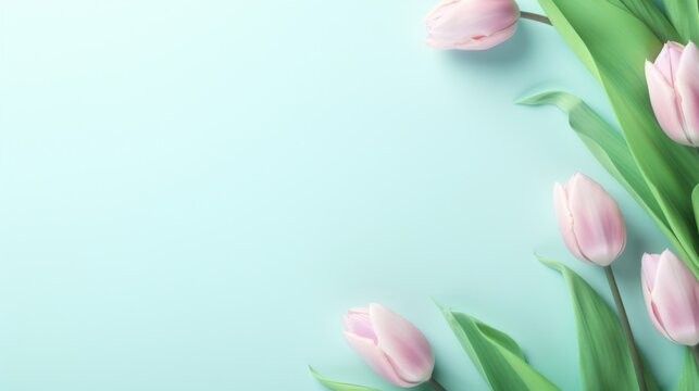 Soft pink tulips arranged on a tranquil blue background, depicting freshness and calmness.