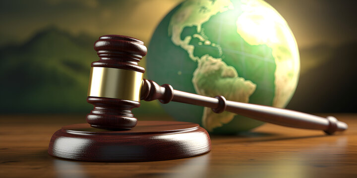 Low angle view of gavel hammer and globe against green background ,Bangkok judges gavel on ancient vintage world map international law concept,
