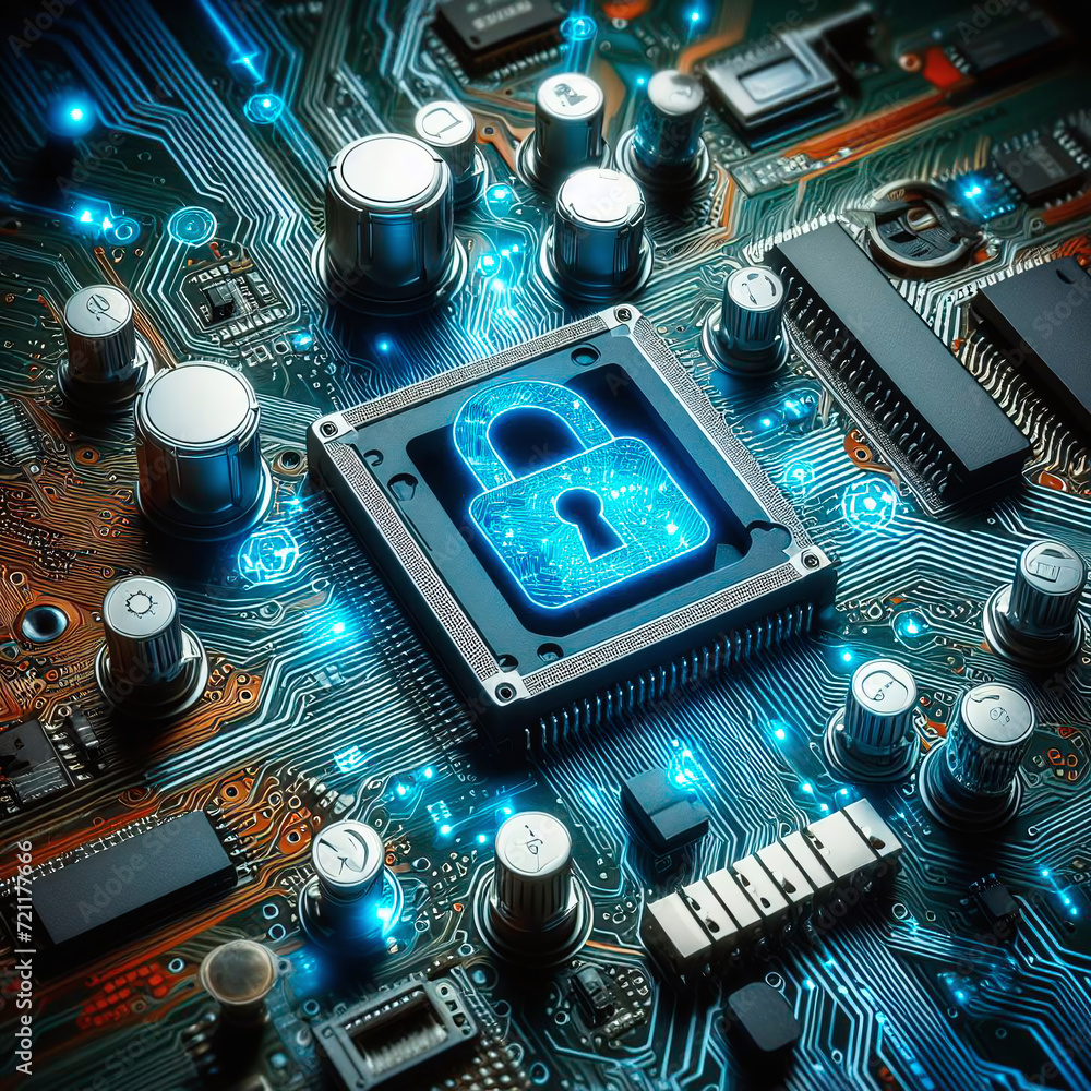 Poster close-up view of electronic circuit board with closed padlock. data security concept