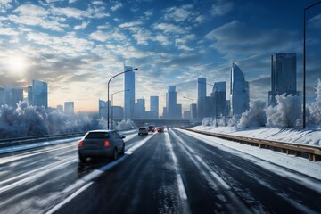 cityscape with highway and skyscrapers, a slippery road covered with ice and snow, blue sky and bright sun, winter season