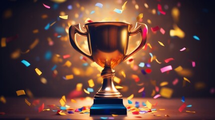 Shiny golden trophy cup with falling confetti, symbolizing victory and celebration, festive background.