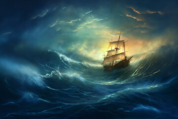 Obraz premium the sailboat sails through a stormy sea, a dark dramatic sky with gloomy clouds