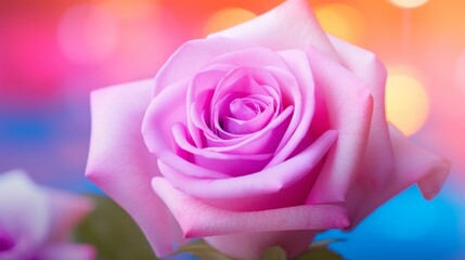 A single pink rose in full bloom against a backdrop of colorful bokeh lights, conveying romance and beauty.