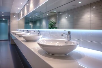 StockPhoto Modern public bathroom concept row of white ceramic washbasins