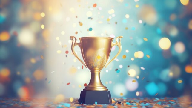 Elegant golden trophy against a blue bokeh background with vibrant confetti, symbol of success.