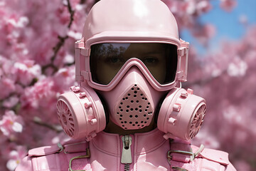 a woman in a pink protective suit and gas mask on the background of cherry blossom trees, protects herself from pollen, allergies or chemical contamination - obrazy, fototapety, plakaty