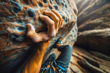male rock climber climbing on a rocky wall, extreme sport and bouldering concept