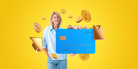 Woman with credit card and cashback icons