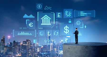 Businessman on a concrete platform, central bank digital currency dashboard - obrazy, fototapety, plakaty