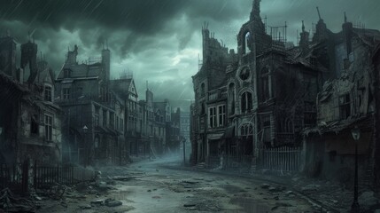 Empty ruined city. Post-apocalypse, houses and roads illustration art