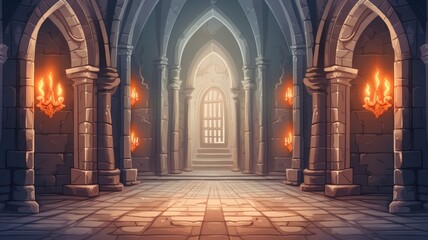 Obraz premium cartoon mystical castle corridor illuminated by glowing torches leading to a bright, enigmatic archway