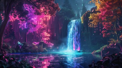 Fantasy of neon waterfall in deep forest