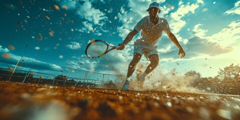 Dynamic, force and speed. Young caucasian male tennis player playing tennis on court during training. - obrazy, fototapety, plakaty