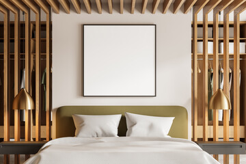 Stylish hotel bedroom interior with bed, wardrobe and clothes. Mockup frame