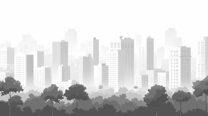 Light gray cityscape background. City buildings with trees at park view