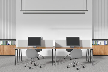 Office interior with pc computers, desk and drawer with documents