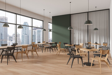 Fototapeta na wymiar Stylish cafe interior with chairs and shared table near panoramic window