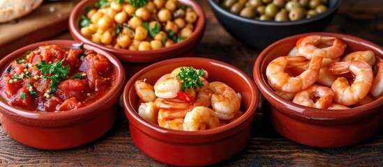 Four red ceramic tapas bowls of Spanish appetizers with seafood, nuts, and sauces.