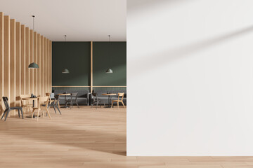 Minimalist cafe interior with chairs and table with couch. Mock up wall